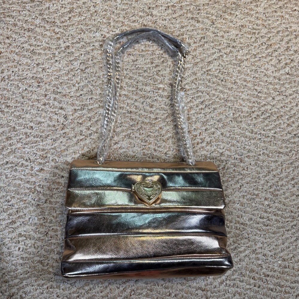 NWT Betsey Johnson Rose Gold Metallic Heart Locket Shoulder Bag Pink Lining